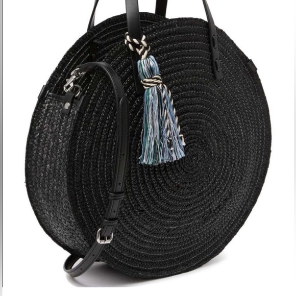 NWT Rebecca Minkoff Black Straw Circle Tote crossbody strap - Picture 3 of 10